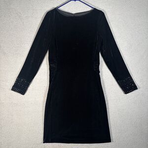 Belle Badgely Mischka Dress Women Size 8 Black Velvet Rhinestone Studs Cuffs LBD